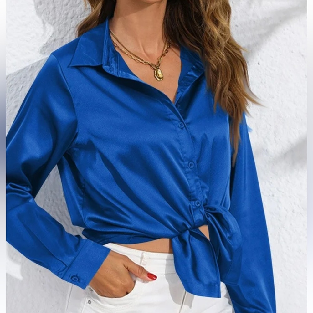 Satin Tie-Front Button-Down Shirt - Women's Royal Blue Top